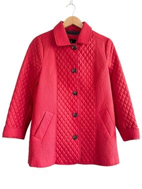 London Fog Red Single Breasted Quilted Car Coat with Polka Dot Lining